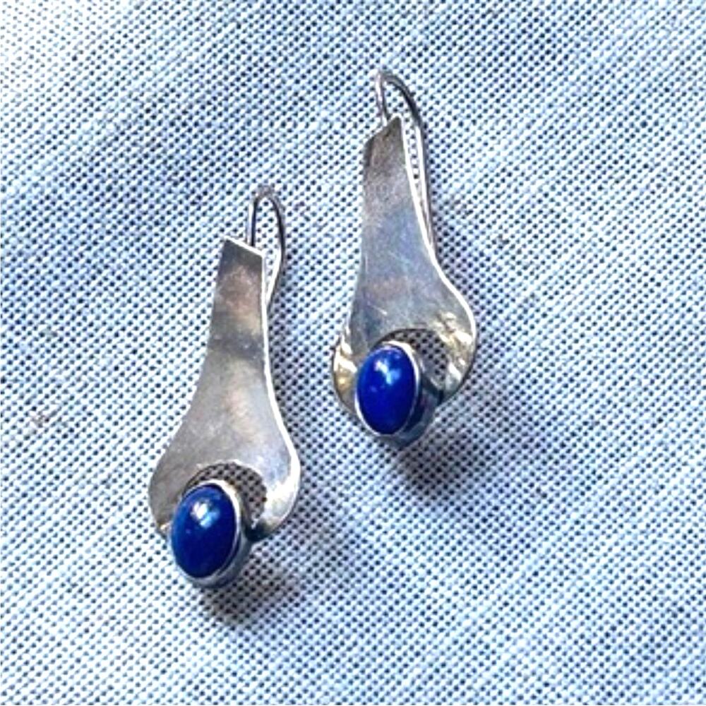 Sterling Silver Lapis Drop Earrings Modernist Artisan 925